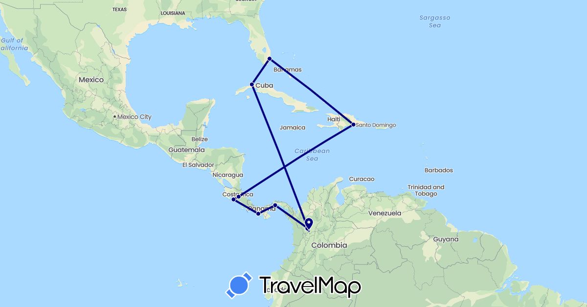 TravelMap itinerary: driving in Colombia, Costa Rica, Cuba, Dominican Republic, Panama, United States (North America, South America)